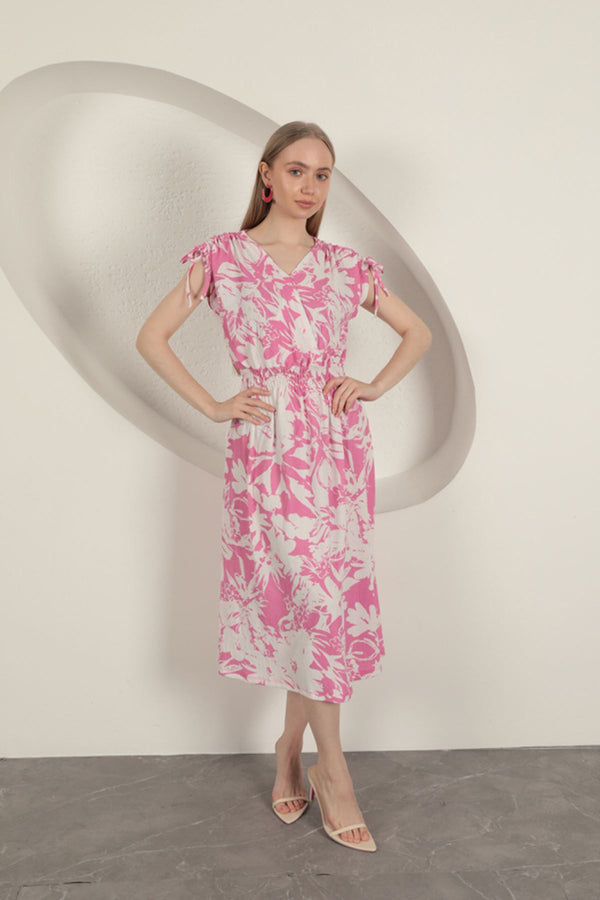 Bürümcük Kumaş Omuz Büzgülü Elbise-Fuşya