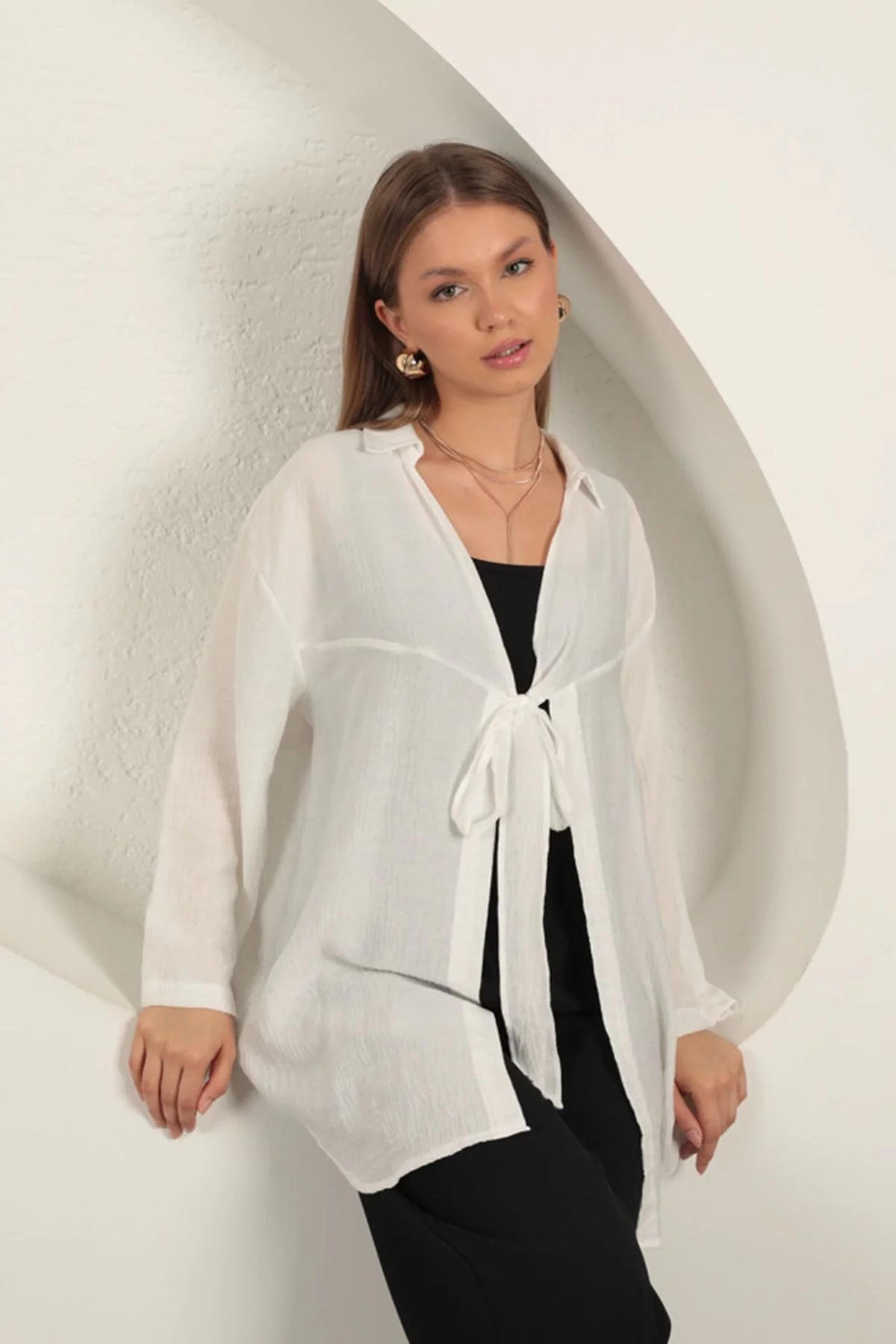 Ağaç Kabuğu Kumaş Kimono-Ekru