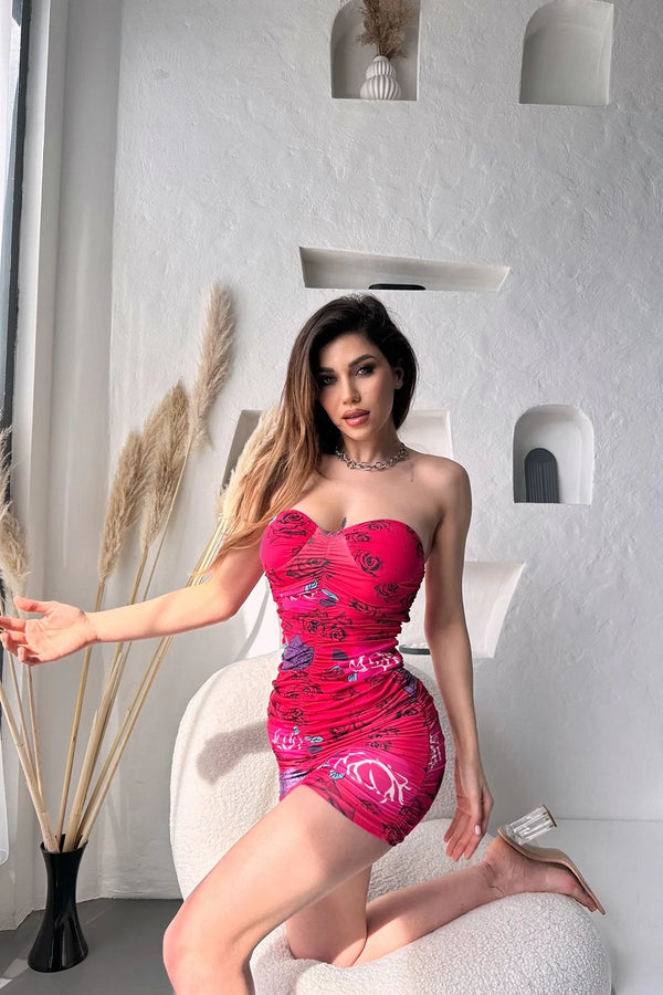 Çiçek Desenli Drapeli Mini Dilber Elbise