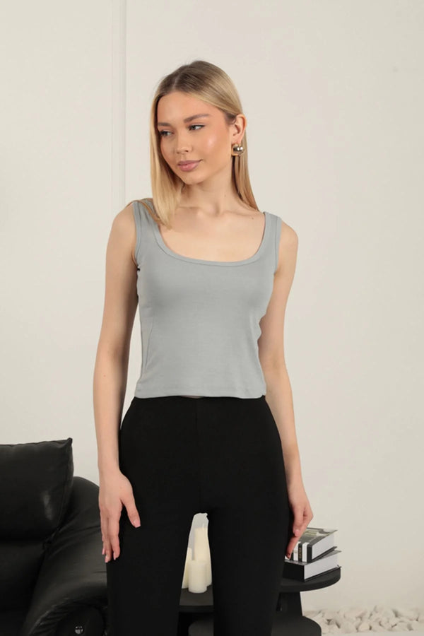 Çilek Viskon Kumaş Askılı Crop-Gri
