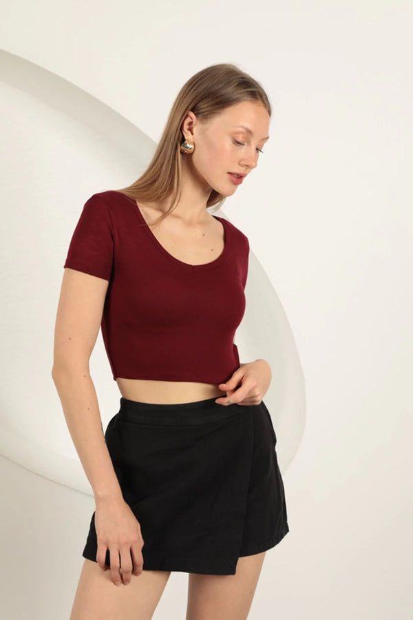 Çilek Viskon Kumaş V Yaka Basic Tişört-Bordo