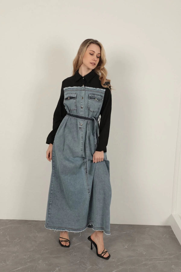 Denim Kumaş Garnili Elbise-Siyah