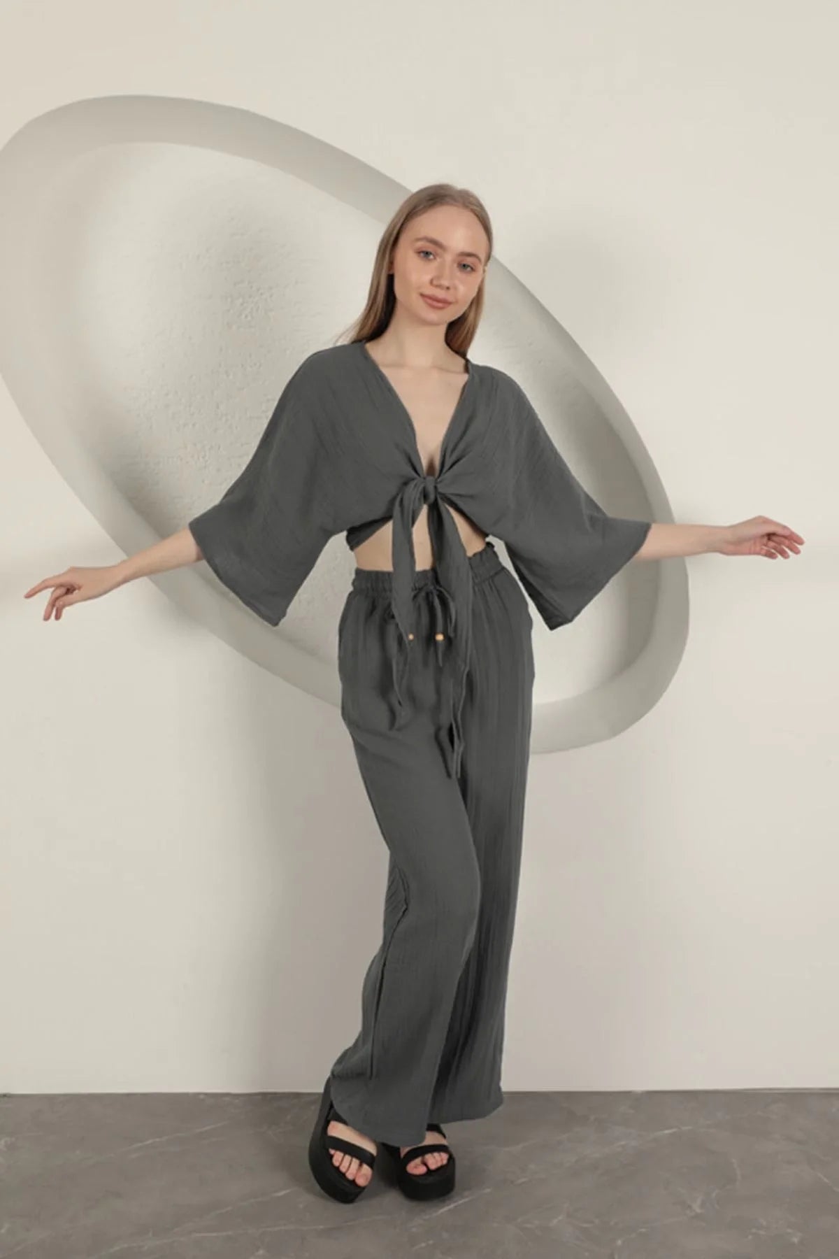 Müslin Kumaş Kimono-Antrasit