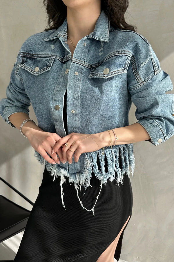 Püskül Detaylı Denim Crop Ceket