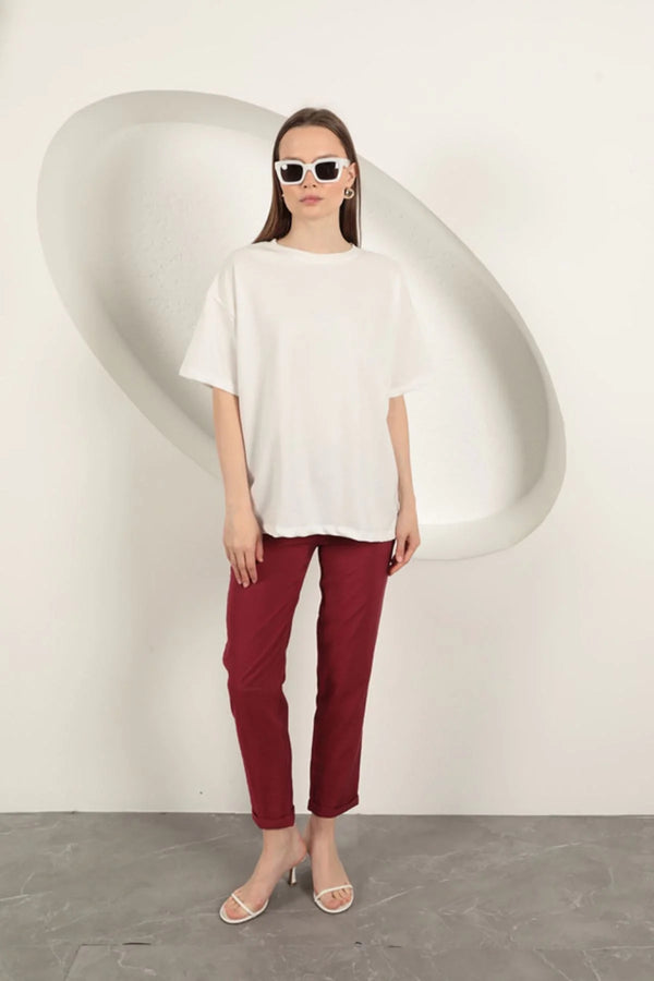 Sıfır Yaka Oversize İki İplik Tişört-Ekru