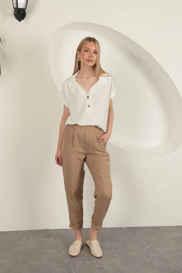 Sofia Keten Duble Paça Kadın Pantolon-Taba