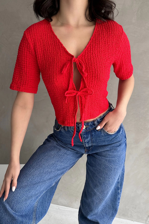 V Yaka Önü Bağlamalı Gofre Crop Bluz